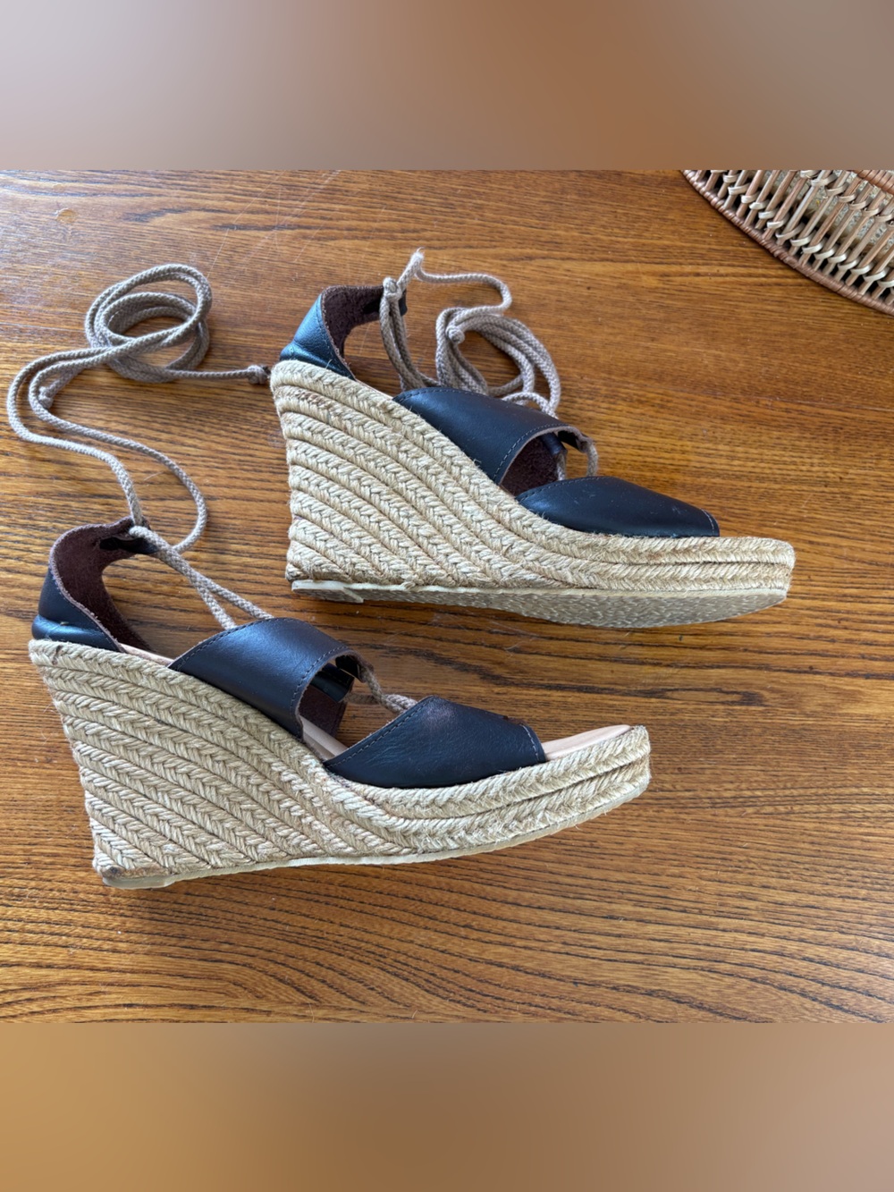 Theory Dark Brown Lace Up Leather Espadrille Wedge Sandals
